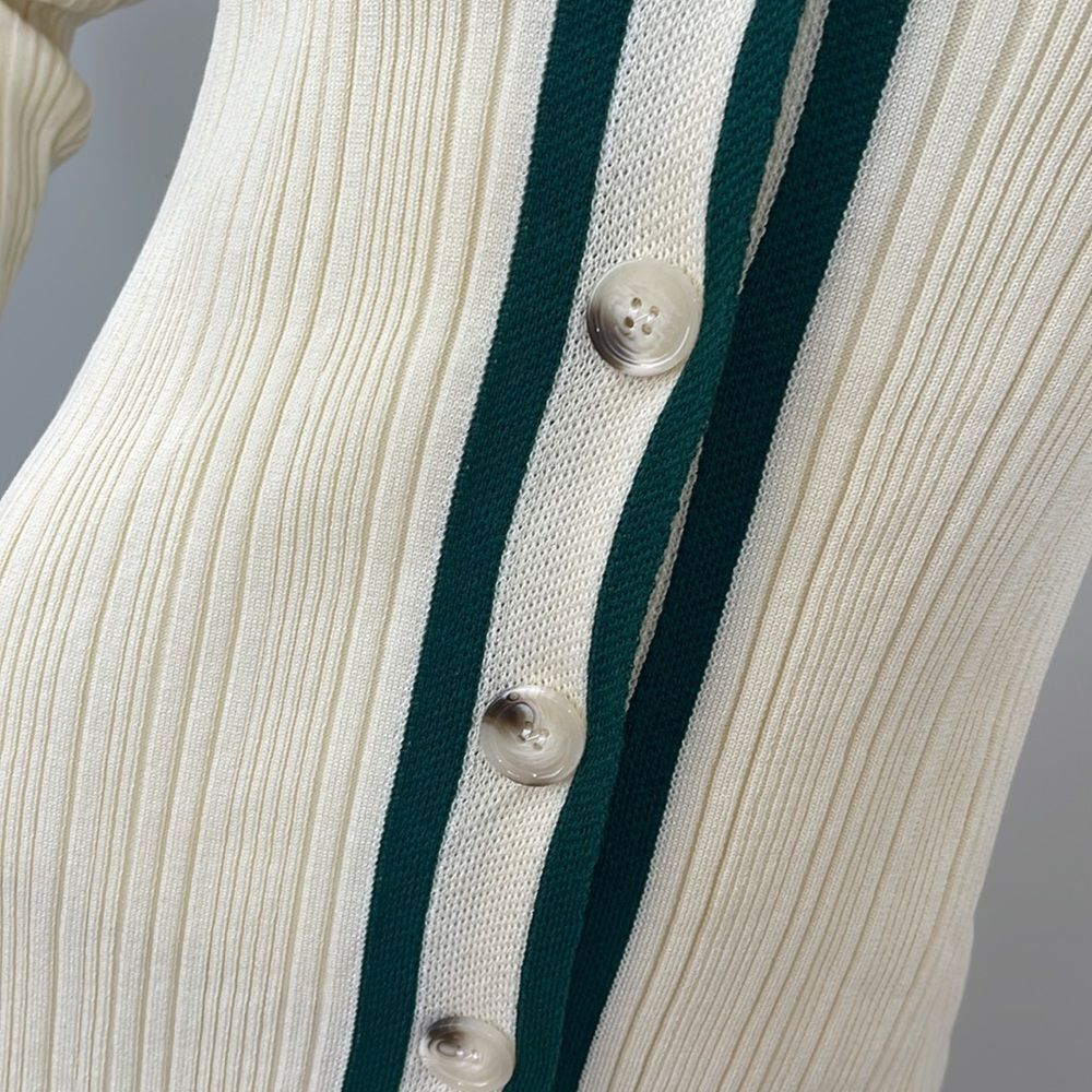 Micas Elegant Cream Ribbed Knit Maxi Cardigan Dress with Contrast Trim size M - Picture 11 of 11